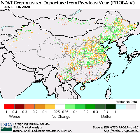 China, Mongolia and Taiwan NDVI Crop-masked Departure from Previous Year (PROBA-V) Thematic Map For 6/1/2020 - 6/10/2020