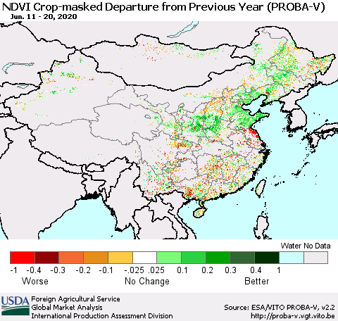 China, Mongolia and Taiwan NDVI Crop-masked Departure from Previous Year (PROBA-V) Thematic Map For 6/11/2020 - 6/20/2020