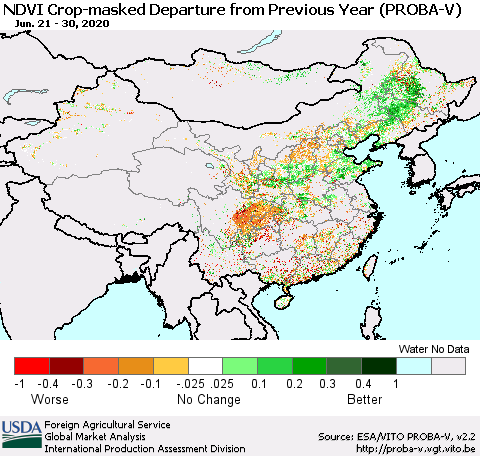 China, Mongolia and Taiwan NDVI Crop-masked Departure from Previous Year (PROBA-V) Thematic Map For 6/21/2020 - 6/30/2020