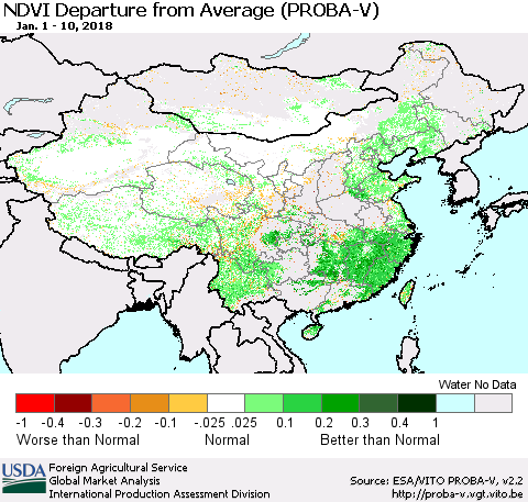 China, Mongolia and Taiwan NDVI Departure from Average (PROBA-V) Thematic Map For 1/1/2018 - 1/10/2018
