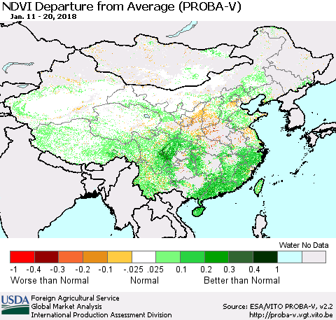 China, Mongolia and Taiwan NDVI Departure from Average (PROBA-V) Thematic Map For 1/11/2018 - 1/20/2018