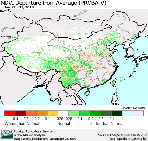 China, Mongolia and Taiwan NDVI Departure from Average (PROBA-V) Thematic Map For 1/21/2018 - 1/31/2018