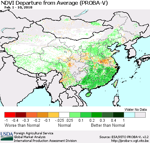 China, Mongolia and Taiwan NDVI Departure from Average (PROBA-V) Thematic Map For 2/1/2018 - 2/10/2018
