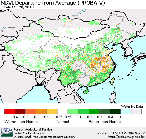 China, Mongolia and Taiwan NDVI Departure from Average (PROBA-V) Thematic Map For 2/11/2018 - 2/20/2018