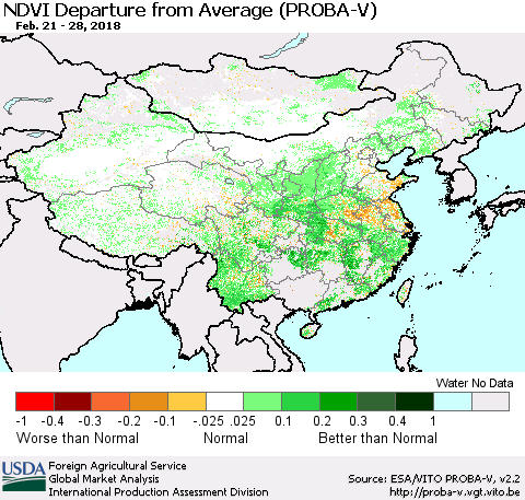 China, Mongolia and Taiwan NDVI Departure from Average (PROBA-V) Thematic Map For 2/21/2018 - 2/28/2018