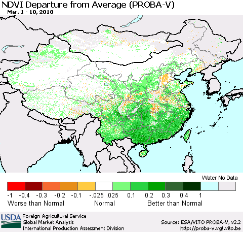 China, Mongolia and Taiwan NDVI Departure from Average (PROBA-V) Thematic Map For 3/1/2018 - 3/10/2018