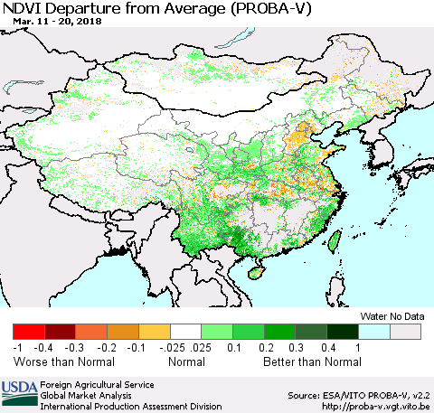 China, Mongolia and Taiwan NDVI Departure from Average (PROBA-V) Thematic Map For 3/11/2018 - 3/20/2018