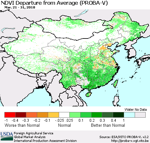 China, Mongolia and Taiwan NDVI Departure from Average (PROBA-V) Thematic Map For 3/21/2018 - 3/31/2018
