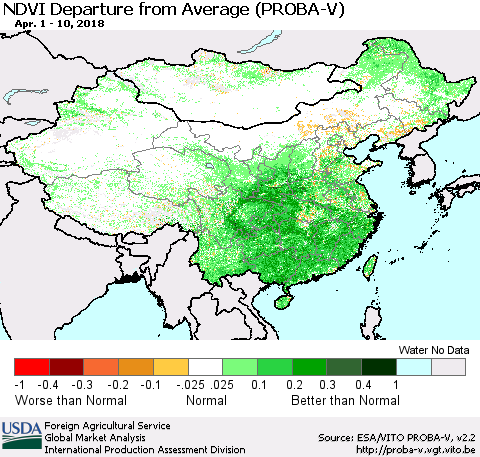 China, Mongolia and Taiwan NDVI Departure from Average (PROBA-V) Thematic Map For 4/1/2018 - 4/10/2018