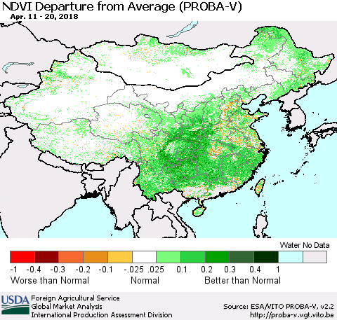 China, Mongolia and Taiwan NDVI Departure from Average (PROBA-V) Thematic Map For 4/11/2018 - 4/20/2018