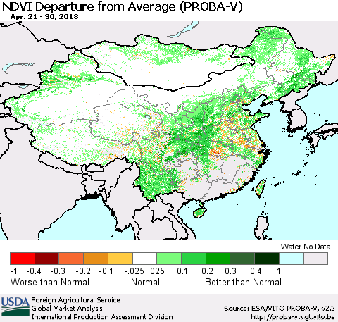 China, Mongolia and Taiwan NDVI Departure from Average (PROBA-V) Thematic Map For 4/21/2018 - 4/30/2018