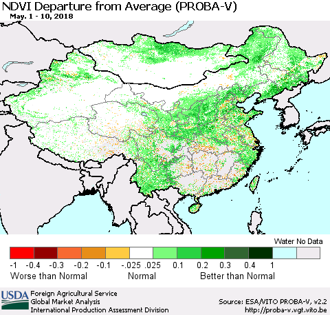 China, Mongolia and Taiwan NDVI Departure from Average (PROBA-V) Thematic Map For 5/1/2018 - 5/10/2018