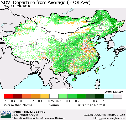 China, Mongolia and Taiwan NDVI Departure from Average (PROBA-V) Thematic Map For 5/11/2018 - 5/20/2018