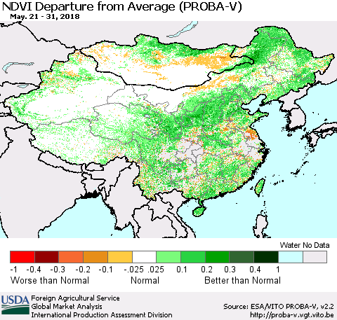 China, Mongolia and Taiwan NDVI Departure from Average (PROBA-V) Thematic Map For 5/21/2018 - 5/31/2018