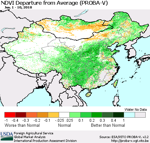 China, Mongolia and Taiwan NDVI Departure from Average (PROBA-V) Thematic Map For 6/1/2018 - 6/10/2018