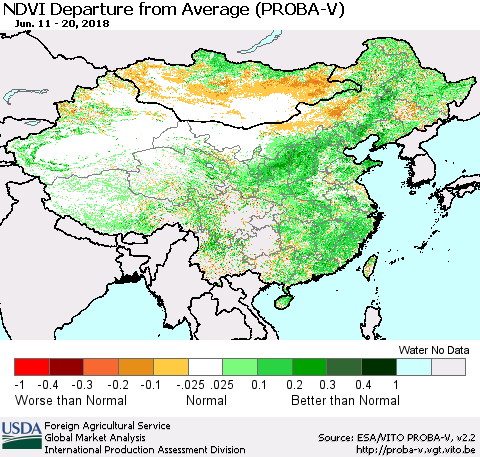 China, Mongolia and Taiwan NDVI Departure from Average (PROBA-V) Thematic Map For 6/11/2018 - 6/20/2018