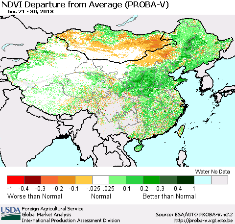 China, Mongolia and Taiwan NDVI Departure from Average (PROBA-V) Thematic Map For 6/21/2018 - 6/30/2018