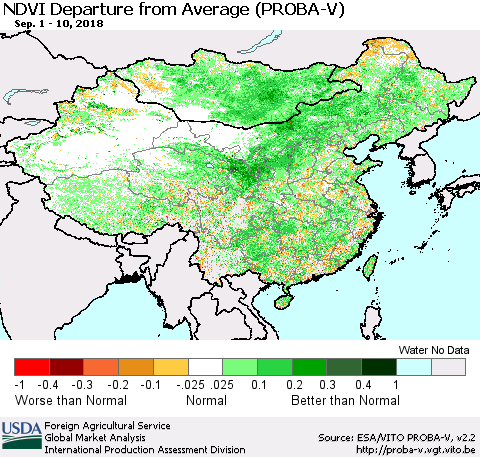 China, Mongolia and Taiwan NDVI Departure from Average (PROBA-V) Thematic Map For 9/1/2018 - 9/10/2018