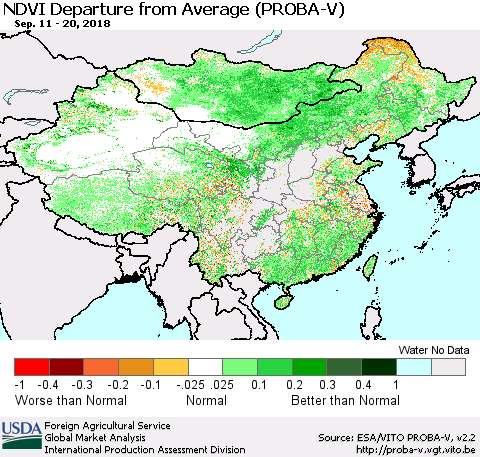 China, Mongolia and Taiwan NDVI Departure from Average (PROBA-V) Thematic Map For 9/11/2018 - 9/20/2018