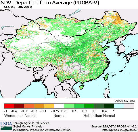 China, Mongolia and Taiwan NDVI Departure from Average (PROBA-V) Thematic Map For 9/21/2018 - 9/30/2018