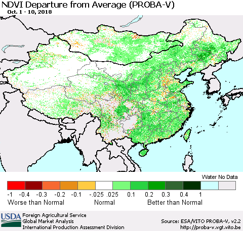 China, Mongolia and Taiwan NDVI Departure from Average (PROBA-V) Thematic Map For 10/1/2018 - 10/10/2018