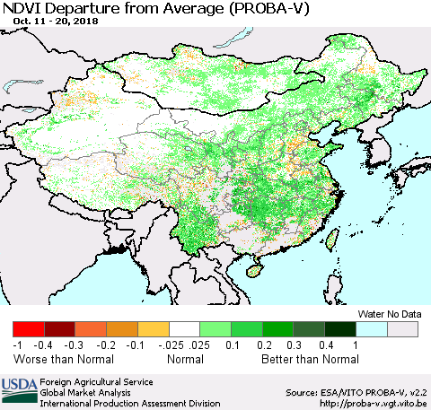 China, Mongolia and Taiwan NDVI Departure from Average (PROBA-V) Thematic Map For 10/11/2018 - 10/20/2018