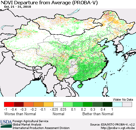 China, Mongolia and Taiwan NDVI Departure from Average (PROBA-V) Thematic Map For 10/21/2018 - 10/31/2018