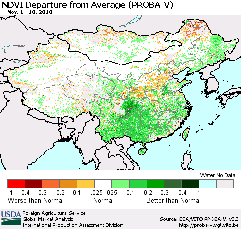 China, Mongolia and Taiwan NDVI Departure from Average (PROBA-V) Thematic Map For 11/1/2018 - 11/10/2018