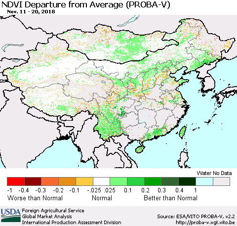 China, Mongolia and Taiwan NDVI Departure from Average (PROBA-V) Thematic Map For 11/11/2018 - 11/20/2018
