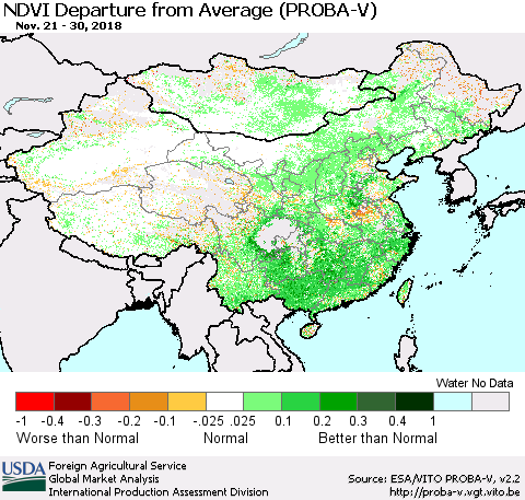 China, Mongolia and Taiwan NDVI Departure from Average (PROBA-V) Thematic Map For 11/21/2018 - 11/30/2018