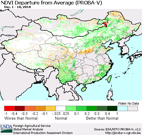 China, Mongolia and Taiwan NDVI Departure from Average (PROBA-V) Thematic Map For 12/1/2018 - 12/10/2018