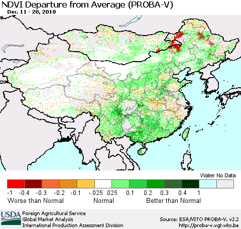 China, Mongolia and Taiwan NDVI Departure from Average (PROBA-V) Thematic Map For 12/11/2018 - 12/20/2018