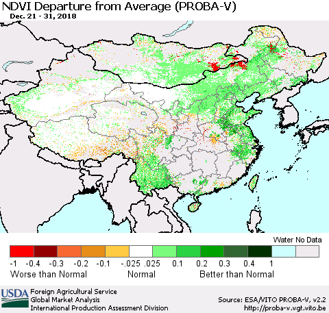 China, Mongolia and Taiwan NDVI Departure from Average (PROBA-V) Thematic Map For 12/21/2018 - 12/31/2018