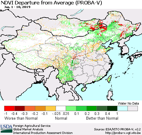China, Mongolia and Taiwan NDVI Departure from Average (PROBA-V) Thematic Map For 1/1/2019 - 1/10/2019