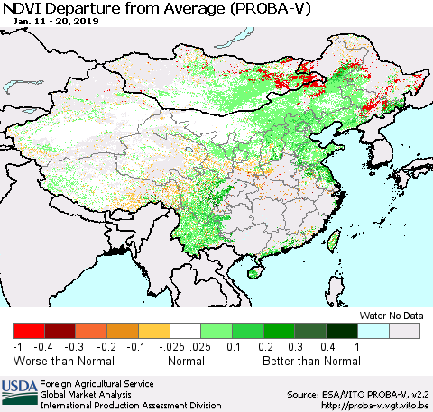 China, Mongolia and Taiwan NDVI Departure from Average (PROBA-V) Thematic Map For 1/11/2019 - 1/20/2019
