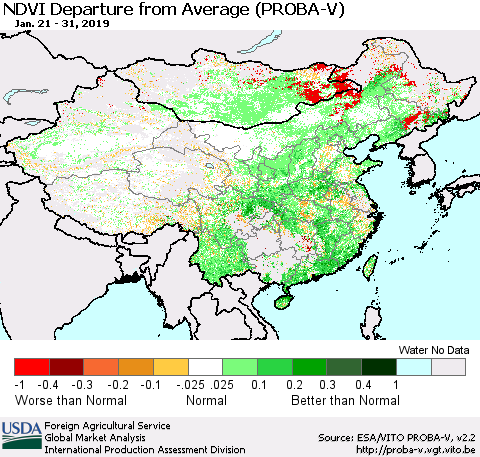 China, Mongolia and Taiwan NDVI Departure from Average (PROBA-V) Thematic Map For 1/21/2019 - 1/31/2019