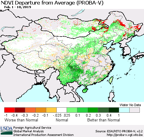 China, Mongolia and Taiwan NDVI Departure from Average (PROBA-V) Thematic Map For 2/1/2019 - 2/10/2019