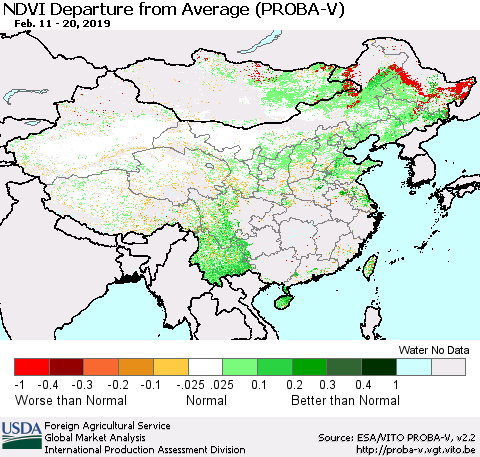 China, Mongolia and Taiwan NDVI Departure from Average (PROBA-V) Thematic Map For 2/11/2019 - 2/20/2019