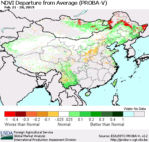 China, Mongolia and Taiwan NDVI Departure from Average (PROBA-V) Thematic Map For 2/21/2019 - 2/28/2019