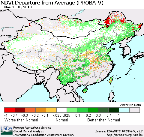 China, Mongolia and Taiwan NDVI Departure from Average (PROBA-V) Thematic Map For 3/1/2019 - 3/10/2019