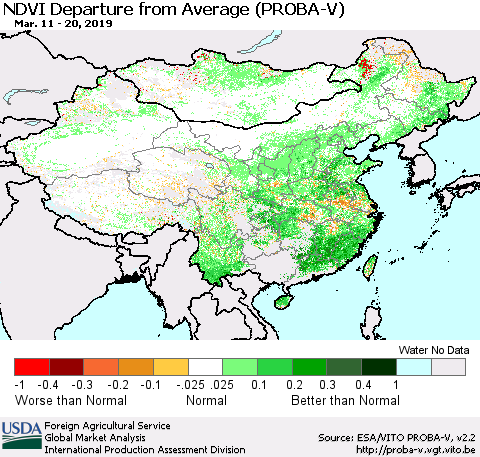 China, Mongolia and Taiwan NDVI Departure from Average (PROBA-V) Thematic Map For 3/11/2019 - 3/20/2019