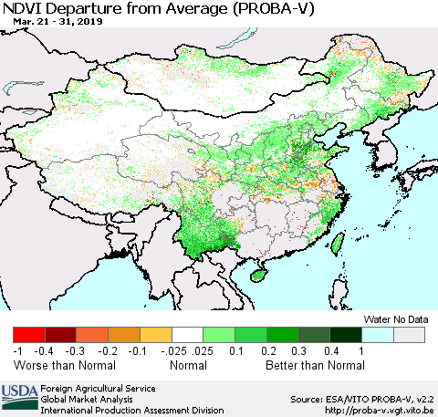 China, Mongolia and Taiwan NDVI Departure from Average (PROBA-V) Thematic Map For 3/21/2019 - 3/31/2019
