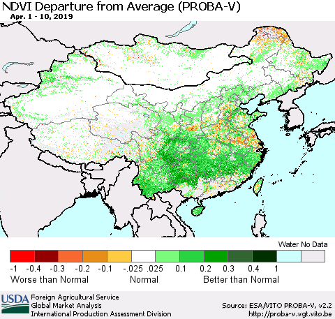 China, Mongolia and Taiwan NDVI Departure from Average (PROBA-V) Thematic Map For 4/1/2019 - 4/10/2019