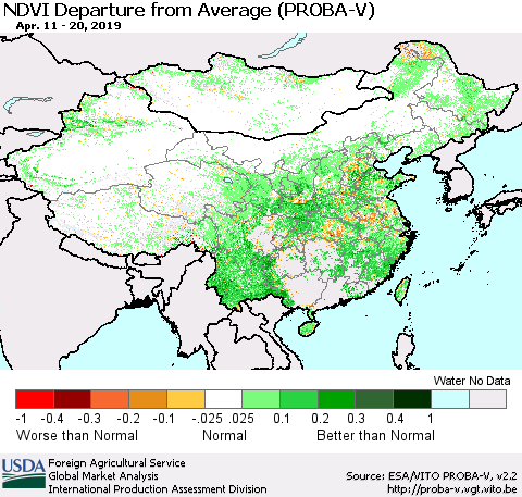 China, Mongolia and Taiwan NDVI Departure from Average (PROBA-V) Thematic Map For 4/11/2019 - 4/20/2019