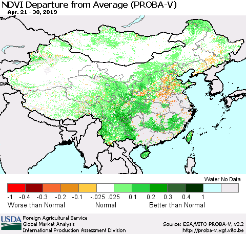 China, Mongolia and Taiwan NDVI Departure from Average (PROBA-V) Thematic Map For 4/21/2019 - 4/30/2019