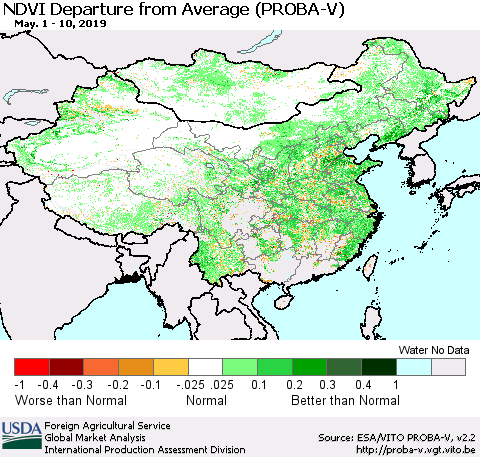 China, Mongolia and Taiwan NDVI Departure from Average (PROBA-V) Thematic Map For 5/1/2019 - 5/10/2019