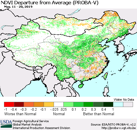 China, Mongolia and Taiwan NDVI Departure from Average (PROBA-V) Thematic Map For 5/11/2019 - 5/20/2019