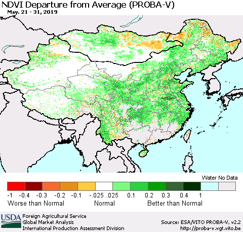 China, Mongolia and Taiwan NDVI Departure from Average (PROBA-V) Thematic Map For 5/21/2019 - 5/31/2019