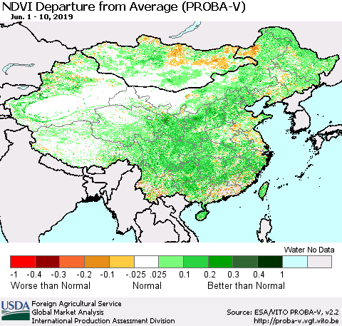 China, Mongolia and Taiwan NDVI Departure from Average (PROBA-V) Thematic Map For 6/1/2019 - 6/10/2019