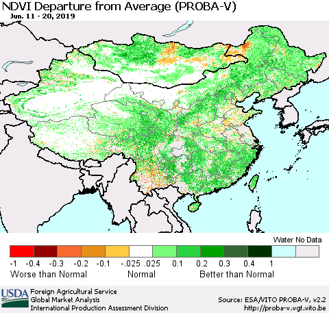 China, Mongolia and Taiwan NDVI Departure from Average (PROBA-V) Thematic Map For 6/11/2019 - 6/20/2019